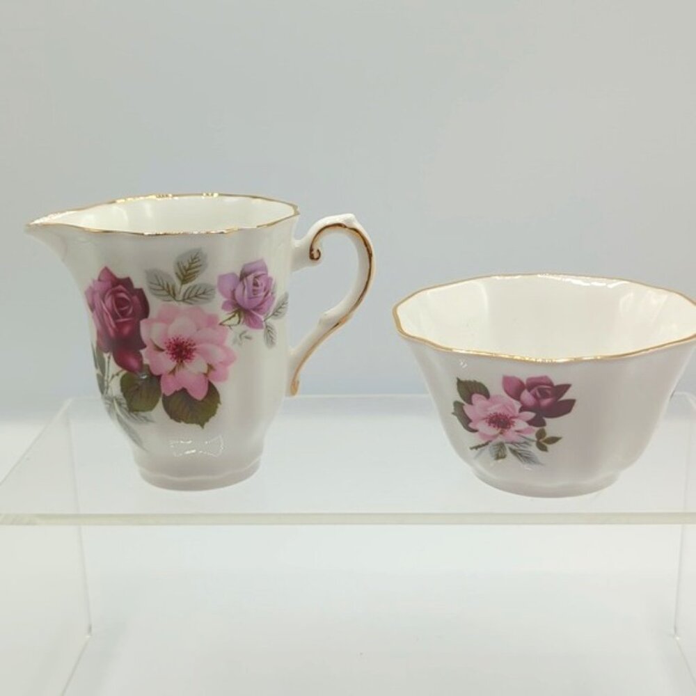 Royal Grafton Creamer & Sugar Bowl Fine Bone China Gold Trim Pink Florals